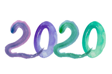   2020 watercolor New Year sign on white background. New Year illustration.