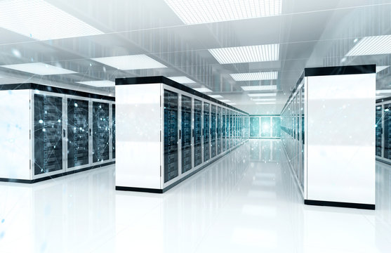 Connection network in servers data center room storage systems 3D rendering