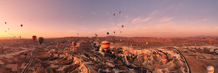 Cappadocia panoramic shot from a drone at sunrise