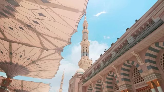 MEDINA, SAUDI ARABIA - September 6, 2018: Clips video of exterior view of  Masjidil Nabawi (Nabawi Mosque) in Medina. 24 frame rate clips