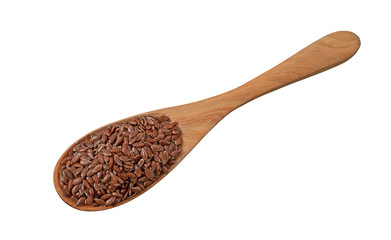 Flaxseed or linseed in wooden spoon isolated on white background.Herb,cereal.Top view.