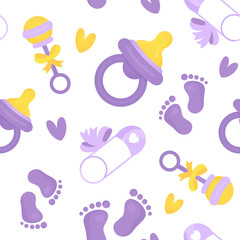 Seamless Pattern of Baby Shower flat icons. Its a Girl, Boy frame. Cartoon signs for girls, boys nursery. Cute baby bath cover for textile, wallpaper, printable package design.