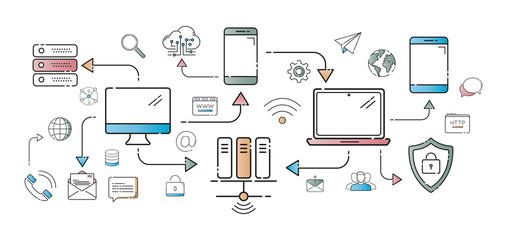 Multimedia tech devices and icons thin line connection