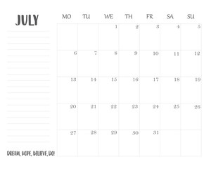 Minimalist planner calendar for study or work, July 2020. 