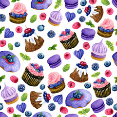 Seamless texture of watercolor desserts. Bright print with food elements