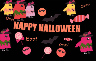 Happy Halloween banner in kawaii style with text, cute ghost and funny faces, candies