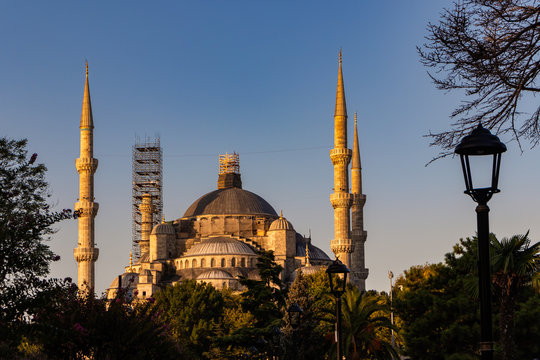 29 August 2019; Istanbul/Turkey; Sultan Ahmed Mosque also known as the Blue Mosque under renovation with scaffolding on its side. framed with trees and a street lantern on the foreground.