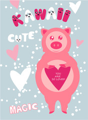 Pig cartoon vector in Kawaii style. Pastel color illustrator Series fairy tales Pig - card and Print for t-shirt