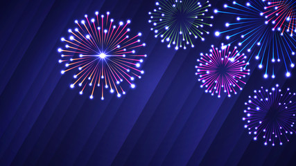 Abstract glowing neon colored festive fireworks light background