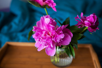 Beautiful pink peonies in a glass vase are standing on a wooden tray in bed.