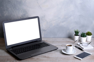 Fototapeta premium Laptop with blank screen for graphic display montage .Computer on wooden gray desk in office room. Mock up with plastic plant