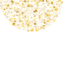 Festive gold confetti sequins sparkles flying on white. Chic Christmas vector sequins background. Gold foil confetti party pieces isolated. Light dust pieces invitation backdrop.