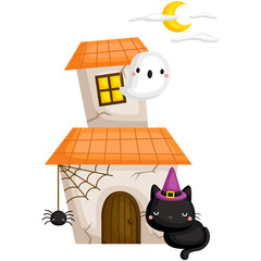 A Vector of Cute Black Cat In Front of a Ghost House under the Moonlight