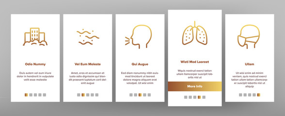 Dust And Polluted Air Onboarding Mobile App Page Screen Vector Thin Line. Mask And Respirator, Lungs And Nose, Environment Pollution And Dust Linear Pictograms. Color Contour Illustrations