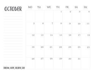 Monthly printable planner, organizer and schedule template for October, 2020.