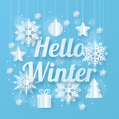 Fototapeta na wymiar Hello winter. Origami snowfall, tree, star, gift, christmas ball. Vector Illustration.