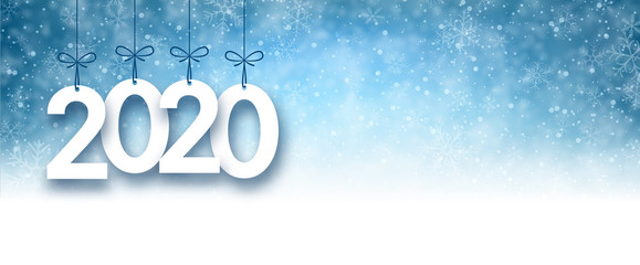 Blue 2020 New Year banner with snow.