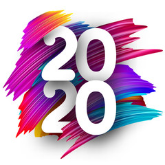 Happy New Year 2020 greeting card with color gradient brush stroke.