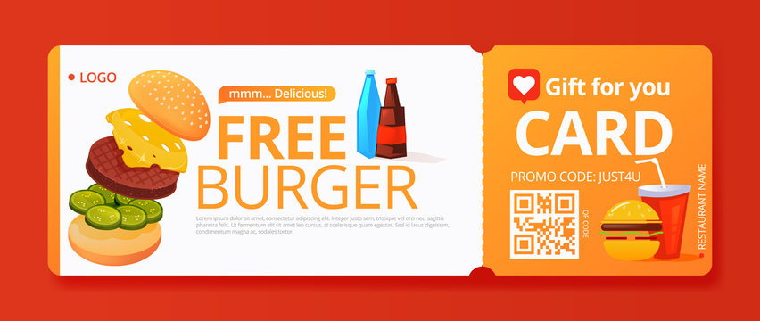 Voucher food in vintage style on white background. Discount for burger. Banner design. Sale Cartoon vector illustration. Layout template.