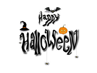 Fototapeta premium Happy Halloween banner with hand drawn text, pumpkin, spiders, bat and witch hat. Vector background