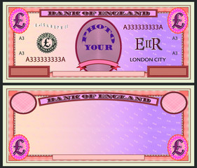 Stylistic orange violet banknote blank with pound sign and text your photo