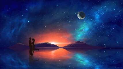 Couple in embrace with colorful nebula, mountain and milky way reflection in water. Elements furnished by NASA. 3D rendering