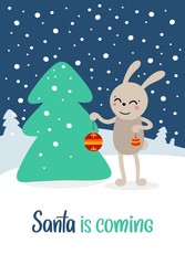 Cute little bunny decorating New Year tree with colorful balls. Flat vector hand drawn Christmas illustration
