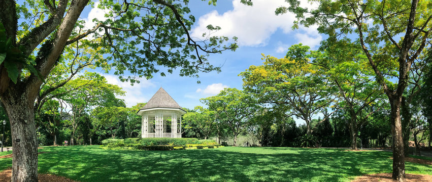 SINGAPORE-MAY 22, 2019_The Bandstand in Botanic Gardens, Singapore, surrounded by terraced flower beds and palms. The place is a favourite wedding photo spot and an iconic landmark of the Gardens.