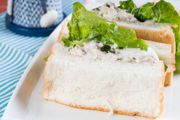 white bread with tuna spread and romaine lettuce served with cheddar potato chips