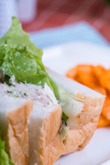 white bread with tuna spread and romaine lettuce served with cheddar potato chips