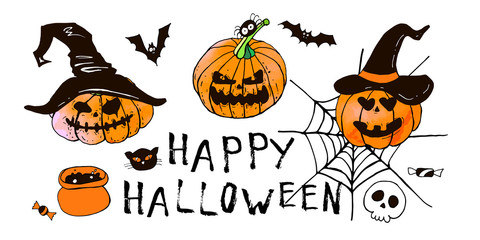 Happy halloween greeting card. Vector stock set. Cute cartoons with BOO lettering. Holiday background. Hand drawn design elements. For postcards, greetings, logo.