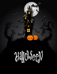 Halloween banner with cute cartoon style haunted house, pumpkins, bats and hand drawn text. Vector illustration