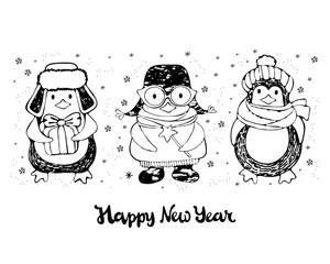 Obraz premium New year and Christmas greeting card. Cute cartoon penguins in winter clothes congratulate Christmas. Lettering happy new year. 2020. Hand-drawn black and white art line in vector. Kids coloring page.