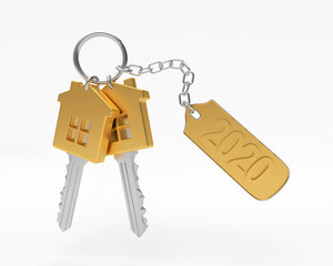 Golden keys in the form of a house and text 2020 on label isolated on a white background. 3D illustration