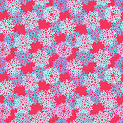 Snowflakes collection, cut out shape with blue splashes color palette, hand painted watercolor illustration seamless pattern design on red background