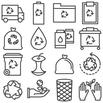 Ecology line icons set. linear style symbols collection, outline signs pack. vector graphics. Set includes icons as trash can, recycle bin, battery, eco truck, ecology document folder, water drop