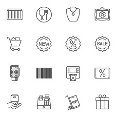 E-commerce line icons set. linear style symbols collection, outline signs pack. vector graphics. Set includes icons as new sale, discount sticker, shopping basket, parcel delivery, gift box, barcode