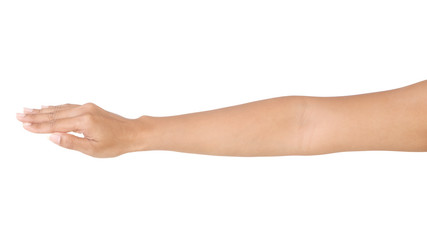 Female asian hand gestures isolated over the white background.