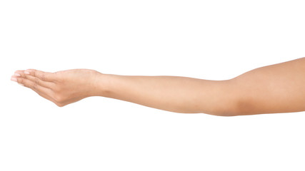 Female asian hand gestures isolated over the white background.