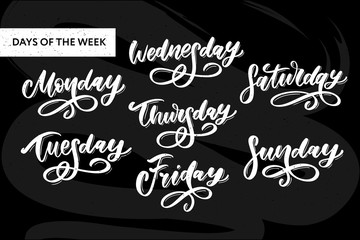 Vector handwritten week days and symbols set. Ink font. Stickers for planner and other. Clipart. Isolated.