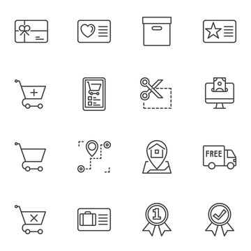 E-commerce line icons set. linear style symbols collection, outline signs pack. vector graphics. Set includes icons as gift card, parcel box, online mobile shopping, free delivery, package tracking