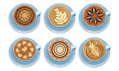Latte Art. Top View Coffee Foam Drawing Vector Illustration Collection
