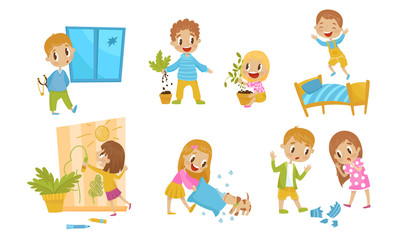 Little Naughty Kid Characters Doing Tricks Vector Illustrations.