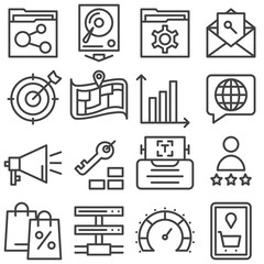 SEO line icons set. linear style symbols collection, outline signs pack. vector graphics. Set includes icons as profile settings, map marker, document folder share, network server connection, feedback