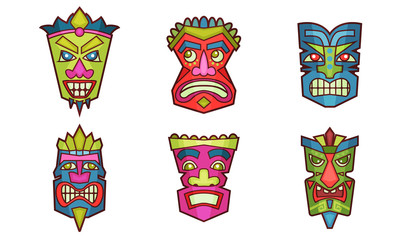 African Decorative Ancient Mask To Put On Face Vector Illustration Set