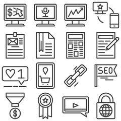SEO line icons set. linear style symbols collection, outline signs pack. vector graphics. Set includes icons as link share, like feedback, quality certificate, video chat, business graph, money funnel
