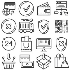 Online shopping line icons set. linear style symbols collection, outline signs pack. vector graphics. Set includes icons as fast delivery, add to basket, international payment system, shopping cart