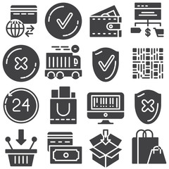 Online shopping vector icons set, modern solid symbol collection filled style pictogram pack. Signs logo illustration. Set includes icons as fast delivery, add to basket, payment system, shopping cart