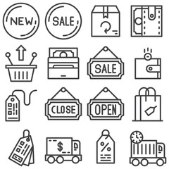 Shopping line icons set. linear style symbols collection, outline signs pack. vector graphics. Set includes icons as close, open, sale, new, discount, money, wallet, shopping basket, price tag, paying