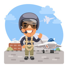 A cartoon smiling pilot stands in front of a military airfield and fighter. Composition with a professional man. Flat male character. © Voysla